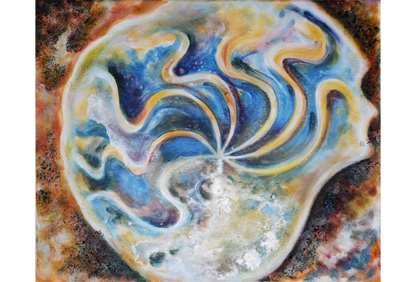 CHEILOCERAS (AMMONITEN) - Original-Ölbild 50 x 60 cm, 2023, Ölfarbe, Walnuss-Sud, Schellack, irisierende Acrylfarben, Glitter auf Leinwand