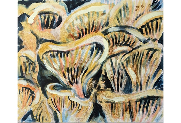 MUSHROOMS (Prada) - Original-Ölbild 50 x 60 cm, 2023, Ölfarbe, Walnuss-Sud, Glitter auf Leinwand