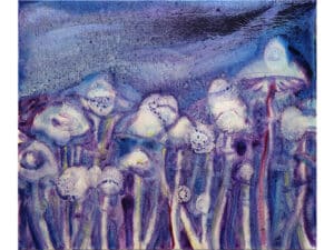MAGIC MUSHROOMS (VIOLETT) - Original-Ölbild 50 x 60 cm, 2023, Ölfarbe, Walnuss-Sud, Glitter auf Leinwand