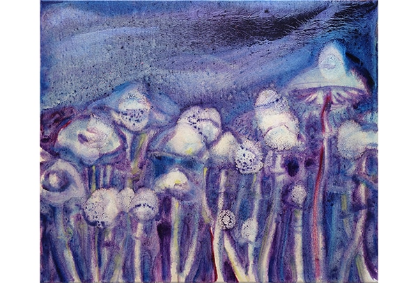 MAGIC MUSHROOMS (VIOLETT) - Original-Ölbild 50 x 60 cm, 2023, Ölfarbe, Walnuss-Sud, Glitter auf Leinwand