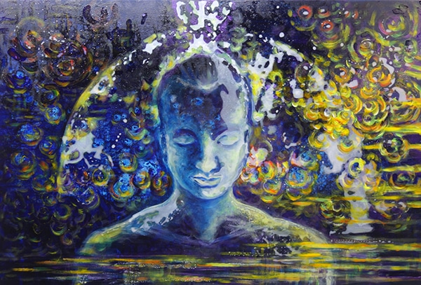 Aus der 6er-Serie STERNENSTAUB – MANN (ANIMUS) - Original-Ölbild 80 x 120 x 4,5 cm, 2024, Ölfarbe, irisierende Acrylfarbe, Neonfarbe, Lack, Schellack, Walnuss-Sud, Glimmer auf Leinwand