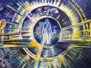 Aus der 6er-Serie STERNENSTAUB – VOM HÖREN DER WELT - Original-Ölbild 80 x 120 x 4,5 cm, 2024, Ölfarbe, irisierende Acrylfarbe, Neonfarbe, Lack, Schellack, Walnuss-Sud, Glimmer auf Leinwand