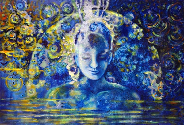 Aus der 6er-Serie STERNENSTAUB – FRAU (ANIMA) - Original-Ölbild 80 x 120 x 4,5 cm, 2024, Ölfarbe, irisierende Acrylfarbe, Neonfarbe, Lack, Schellack, Walnuss-Sud, Glimmer auf Leinwand
