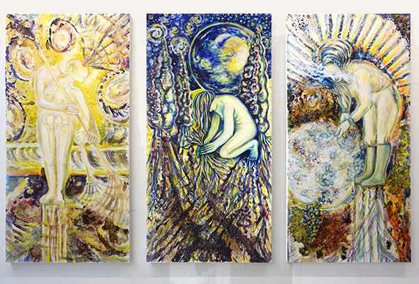 KOSMISCHE GÄRTNERINNEN (Triptychon) - Gärtnerinnen (kosmische Ordnung) + Mondsaat (Anima) + Licht gießen - Original-Ölbilder, je 180 x 90 cm (Triptychon 180 x 270 cm), 2022, Ölfarbe, Gummiarabicum, Blauholz, Walnuss-Sud, Goldfarbe, Schellack, Glitter auf Leinwand