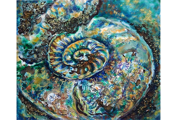 AMMONIT (TÜRKIS) - Original-Ölbild 50 x 60 cm, 2023, Ölfarbe, Walnuss-Sud, zerkleinerte Walnuss-Schalen geklebt mit Gummiarabicum, Schellack, irisierende Acrylfarben, Glitter auf Leinwand