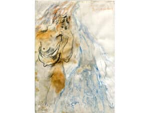 FIGUR IM ZWEISTROMLAND - Original-Zeichnung 30 x 21 cm, 1995 (überarbeitet 2021), Graphitstift, Aquarellstift, Farbstift, Wachs, Silberfarbe
