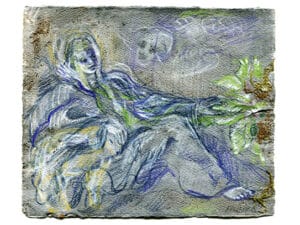 BOTSCHAFT - Original-Zeichnung 14 x 17 cm, 2021, Graphitstift, Farbstift, Acrylfarbe, Pflanzenreste auf präpariertem Papier