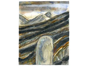 SEDIMENTIERUNGEN > FORMWERDUNG IM BERG - Original-Collage 25 x 20 cm, 2021, Graphitstift, irisierende Acrylfarbe, Graphitfolie, Schellack, Aquarellfarbe auf Büttenpapier
