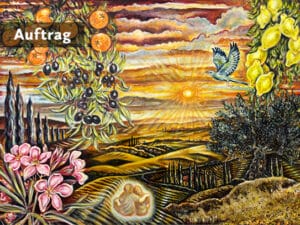 TOSCANAHERBST - Original-Ölbild 110 x 150 cm, 2026, Ölfarbe, irisierende Acrylfarbe, Walnuss-Sud, zerkleinerte Walnussschalen mit Gummiarabicum aufgeklebt und bemalt, Schellack, Glitter auf Leinwand