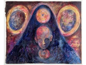 BEWUSSTSEINSBERG – Original-Zeichnung 30 x 36 cm, 2026, Schellacktusche, irisierende Acrylfarbe, Blattgold, Walnuss-Sud, Transparentlack auf Büttenpapier