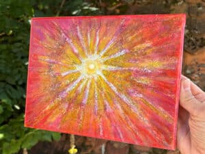 JEDEM SEINE SONNE Nr. 48 - Original-Ölbild 18 x 24 cm, Ölfarben, Schellack, Walnuss-Sud, irisierende Acrylfarbe, Glitter auf Leinwand